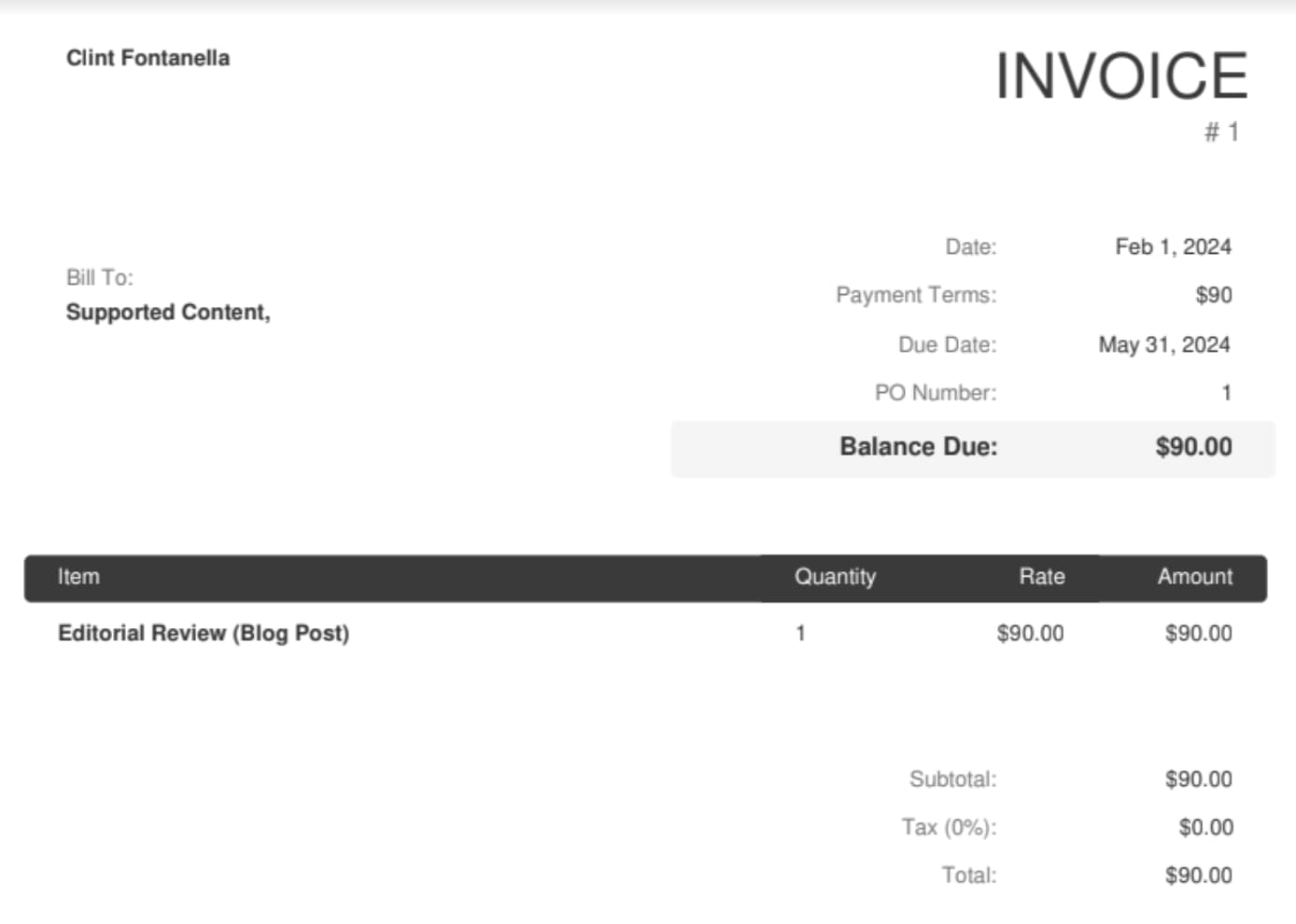 sample of invoice for freelance writers